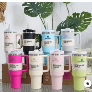 Silver 40oz stainless steel tumbler with handle and straw