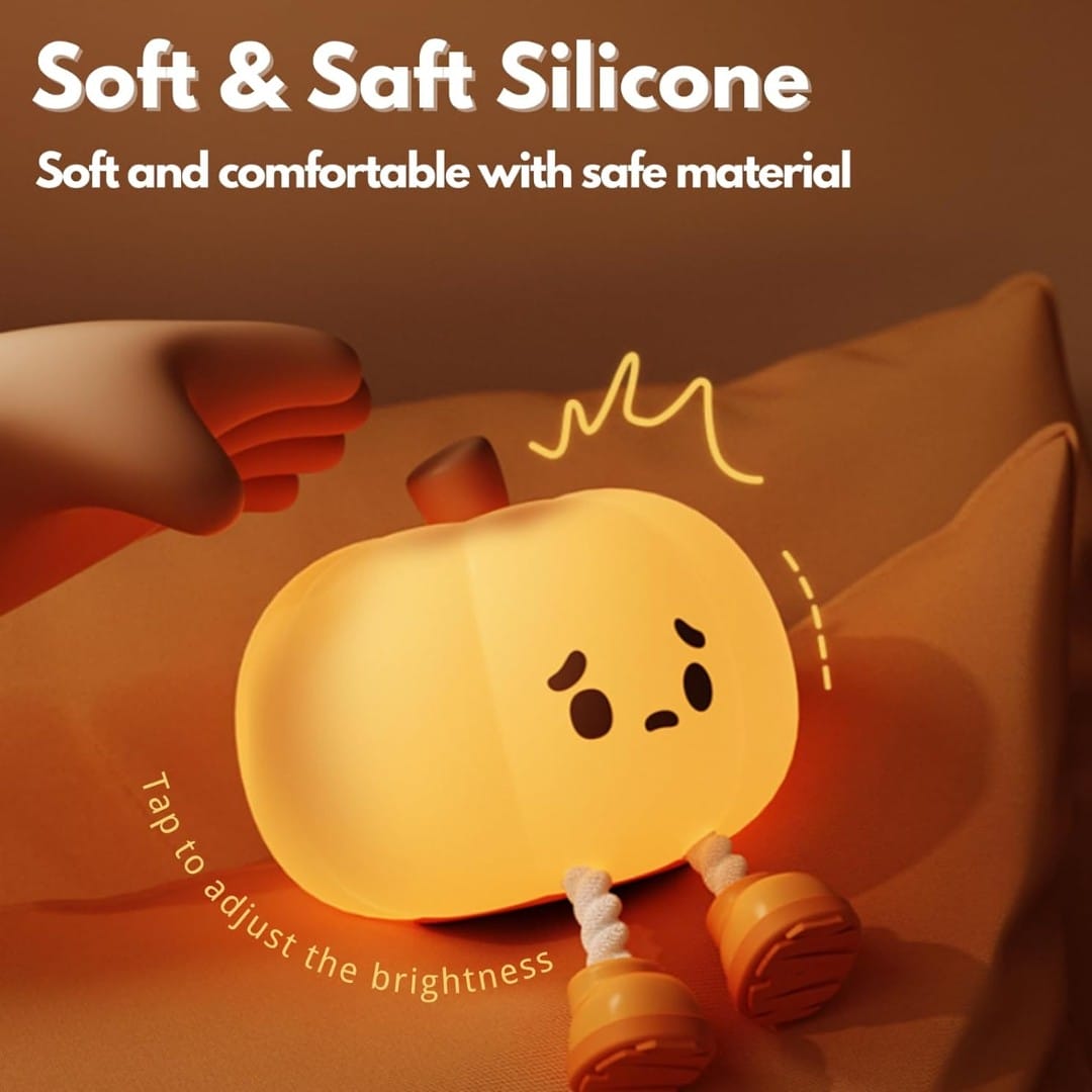 Tap-dimmable pumpkin bedside lamp with gentle warm glow