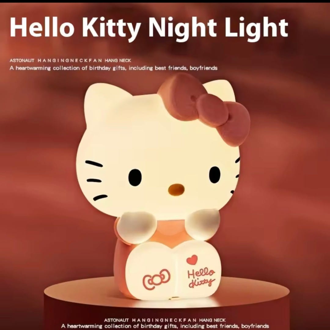 Close-up of Hello Kitty lamp with bow and warm light