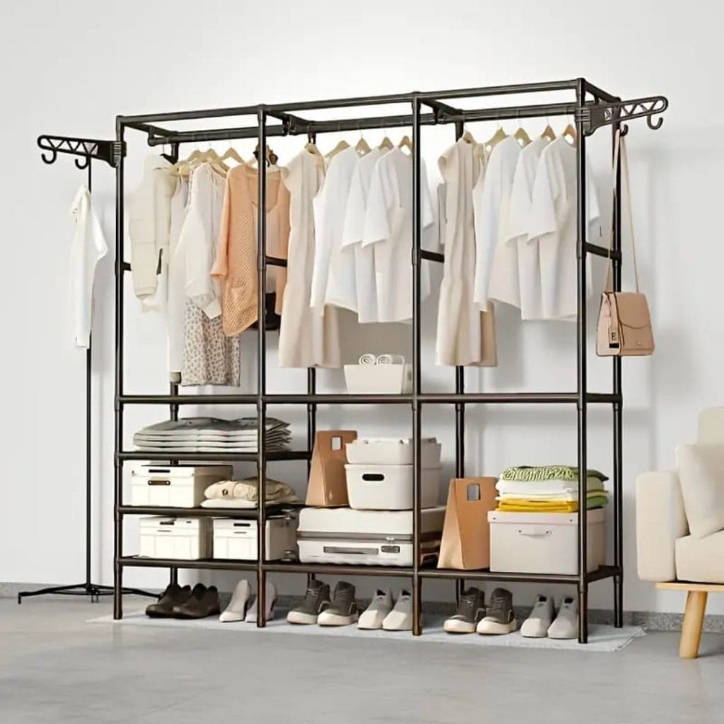 Minimalist Metal Wardrobe with 3 Shelves & 2 Hanging Rods