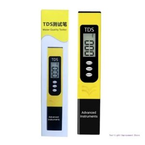 TDS meter dipped in glass of water showing reading