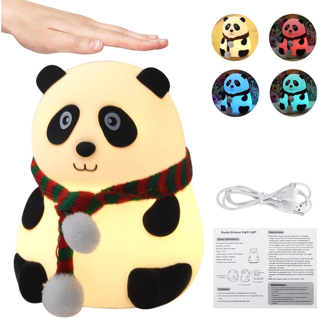 Soft silicone panda lamp on plush surface with fairy lights
