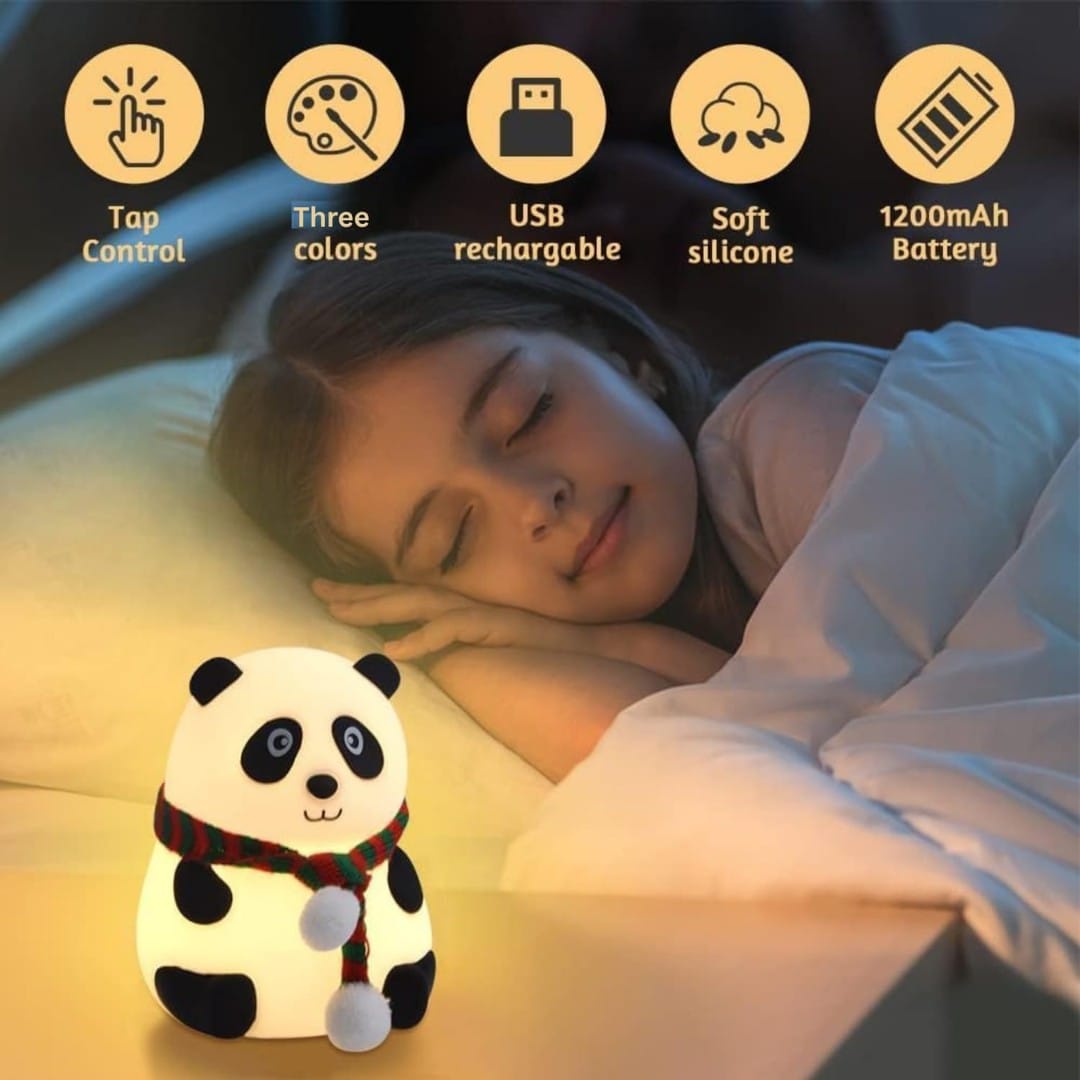 Tap-dimmable panda bedside light with pom-pom scarf detail