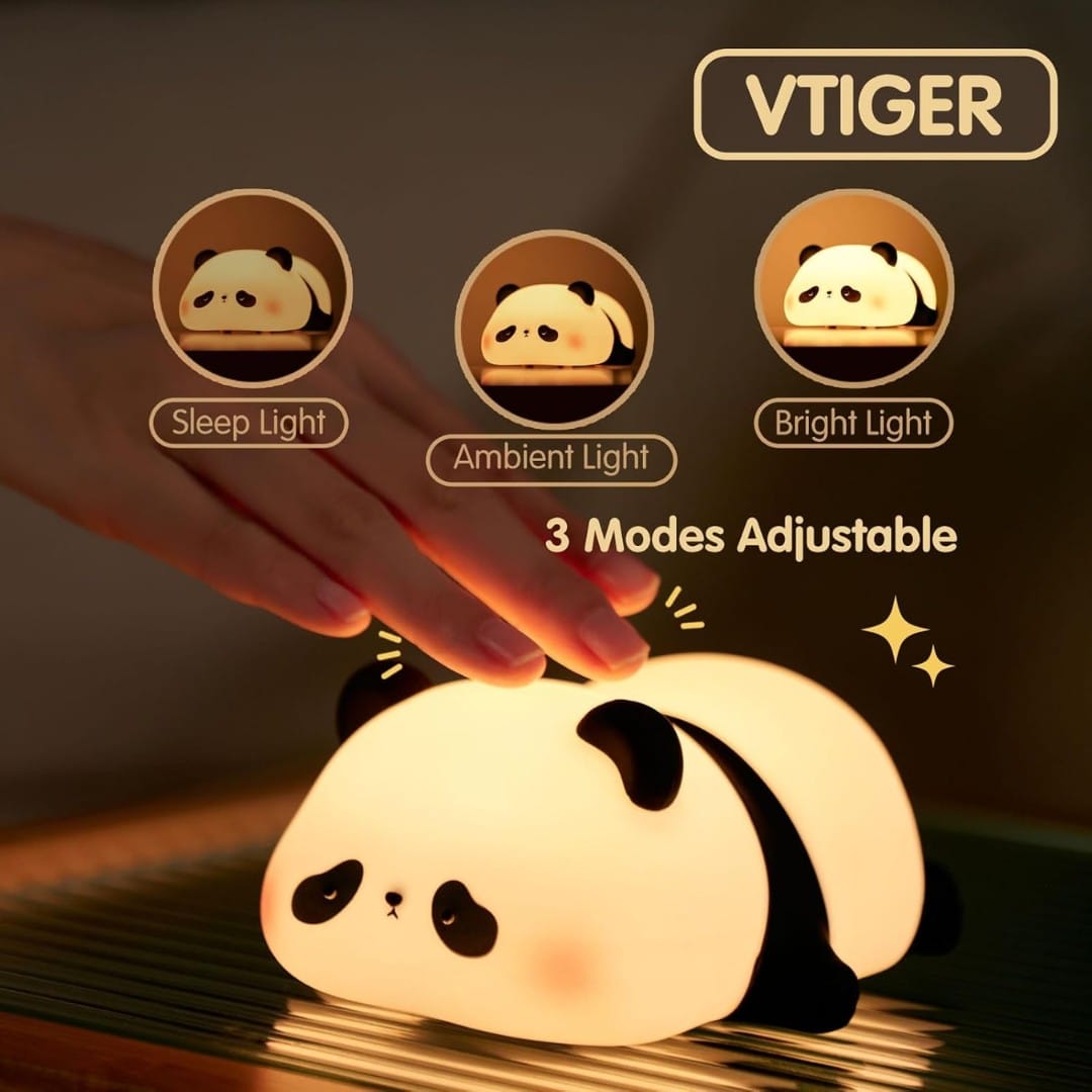 Warm-white panda lamp with soft silicone body lying down