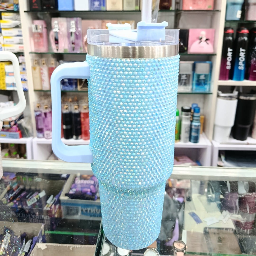 Blue Rhinestone 40oz Insulated Tumbler with Handle