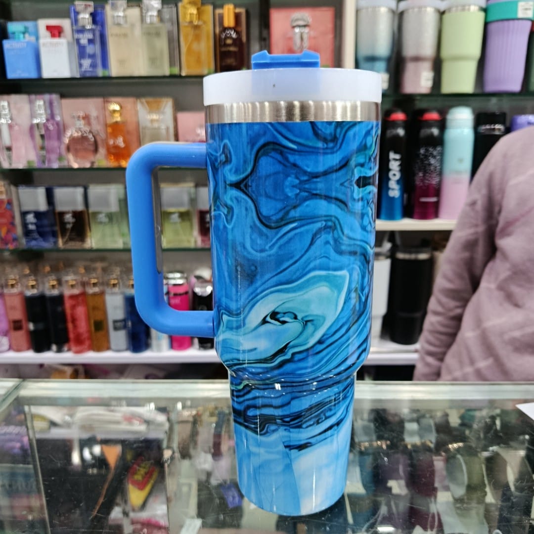 Bluish Marble 40oz Insulated Tumbler with Handle & Straw