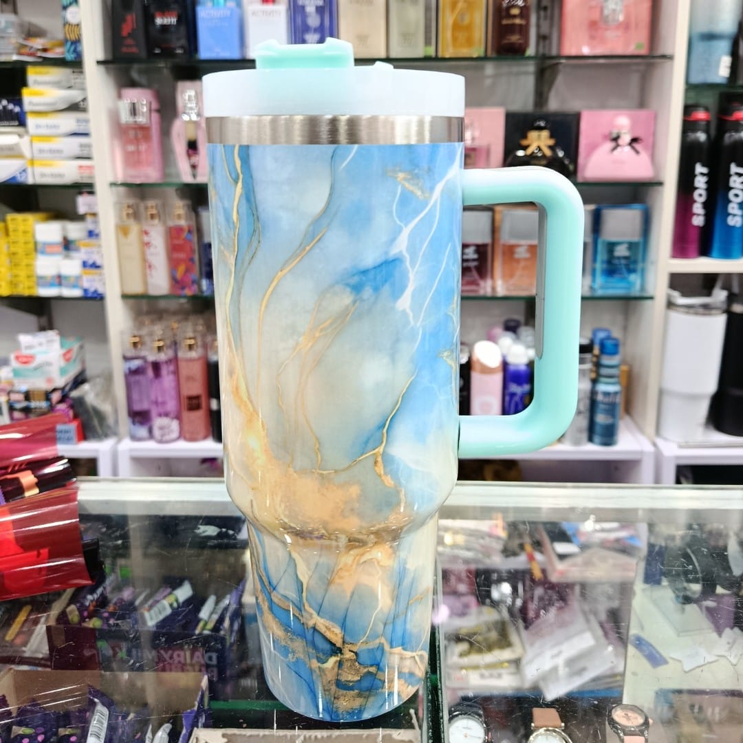 Light Bluish Marble Print 40oz Insulated Tumbler with Handle