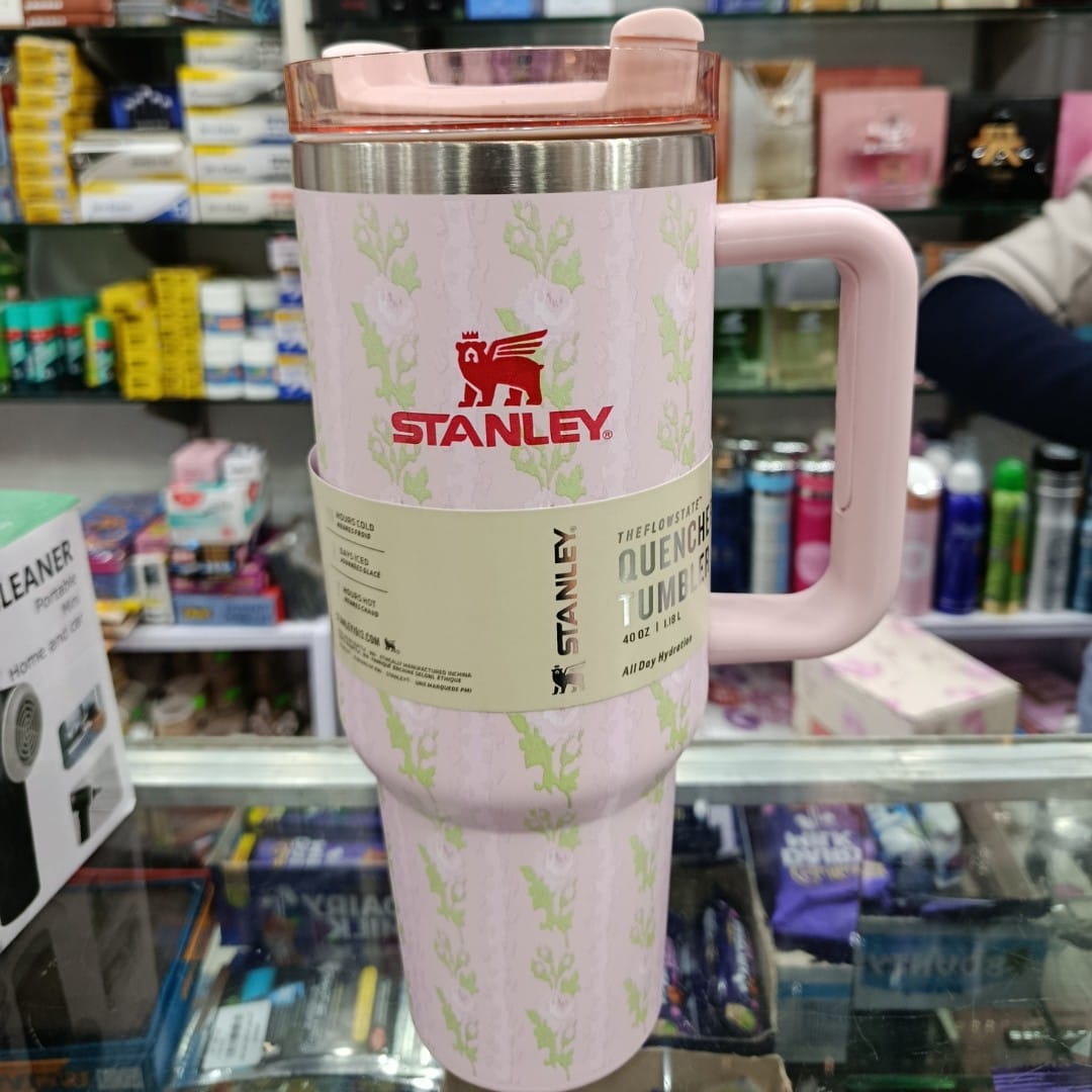 Pink Floral 40oz Insulated Tumbler with Handle & Straw