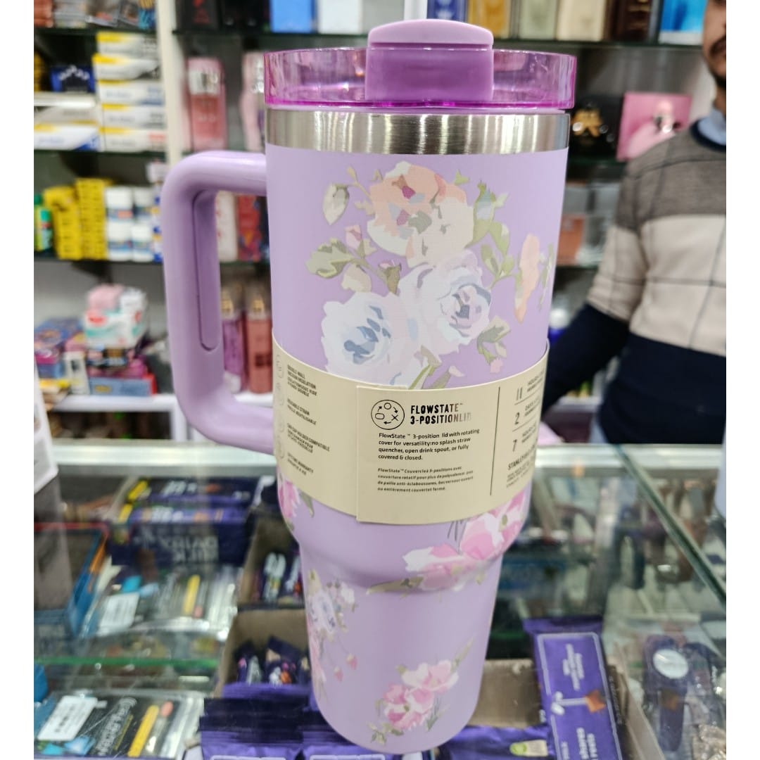 Purple Floral Printed 40oz Insulated Tumbler with Handle