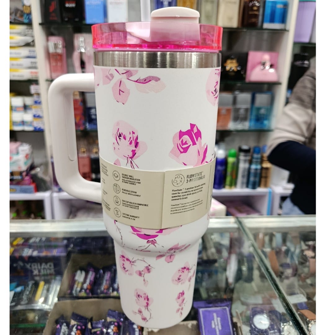 White Floral 40oz Insulated Tumbler with Handle & Straw
