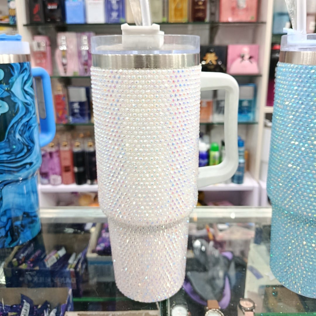 White Rhinestone 40oz Insulated Tumbler with Handle