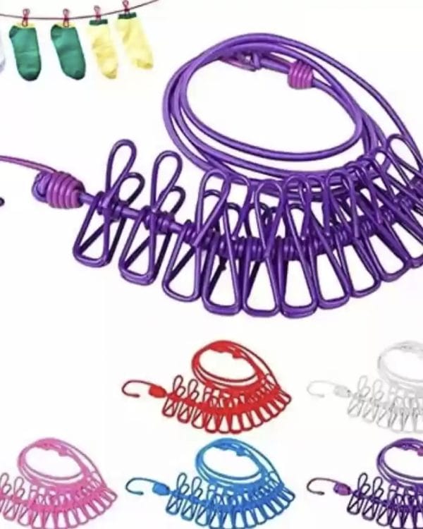 Elastic Travel Clothesline with 12 Clips & 2 Strong Metal Hooks