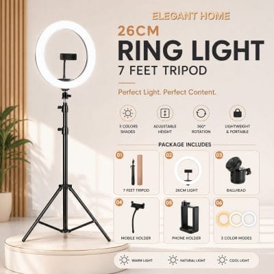26cm LED Selfie Ring Light with 7ft Tripod Stand & Phone Holder