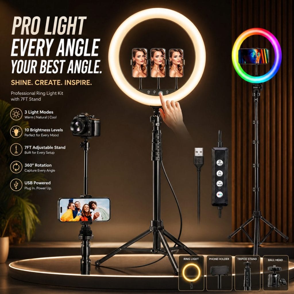 26cm LED Selfie Ring Light with 7ft Tripod Stand & Phone Holder