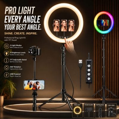 26cm LED Selfie Ring Light with 7ft Tripod Stand & Phone Holder