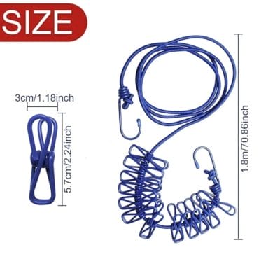 Elastic Travel Clothesline with 12 Clips and 2 Metal Hooks