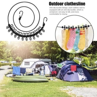 Elastic Travel Clothesline with 12 Clips and 2 Metal Hooks